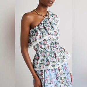 Loretta Caponi Size XS • Dafne One Shoulder Cotton Blouse Dainty Floral Top.